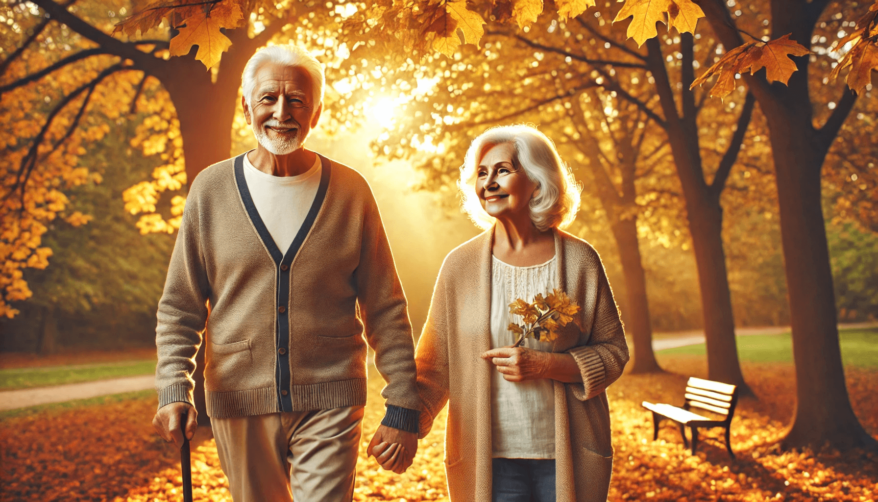 A heartwarming image of an elderly couple walking hand in hand through a beautiful park in autumn. Their faces show warmth love and a lifetime of sh