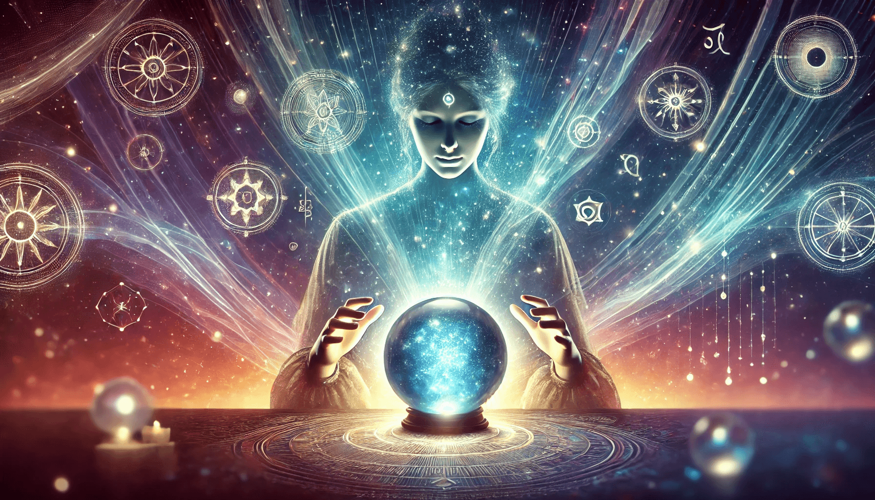 DALL·E 2025 03 10 10.18.29 A mystical fortune teller with a crystal ball surrounded by a calming glowing energy. The atmosphere is ethereal with a deep cosmic background an