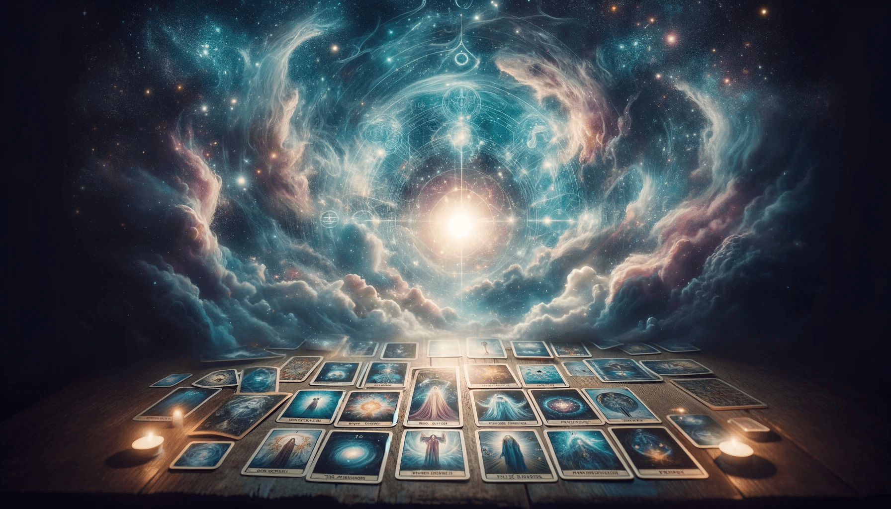 Prédire son avenir avec le tarot divinatoire 1 DALL·E 2025 03 10 10.23.42 A mystical tarot card spread glowing under a soft ethereal light. The scene features an open deck of tarot cards revealing major arcana symbols wi